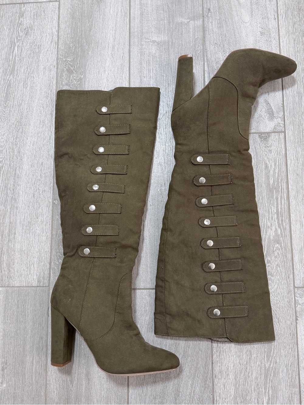 Olive Green High Block Heel Knee-High Boots